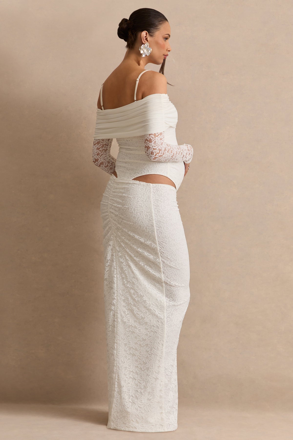 Delmara | Cream Lace Maternity Maxi Skirt With Gathered Detailing