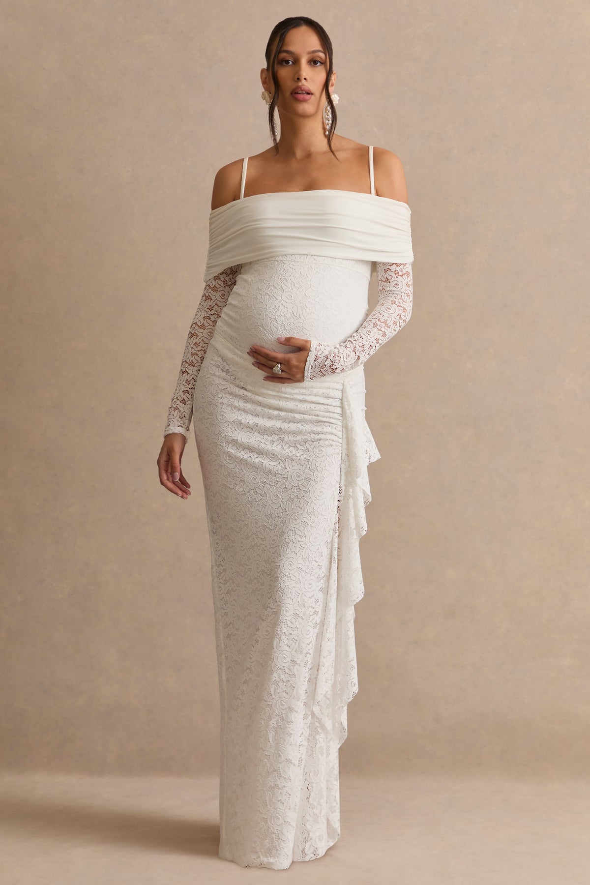 Delmara | Cream Lace Maternity Maxi Skirt With Gathered Detailing