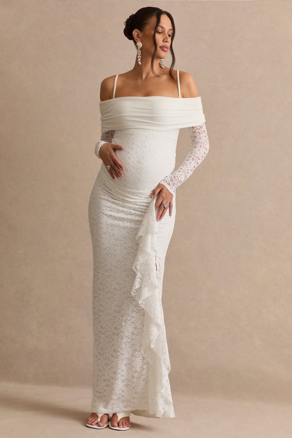 Delmara | Cream Lace Maternity Maxi Skirt With Gathered Detailing