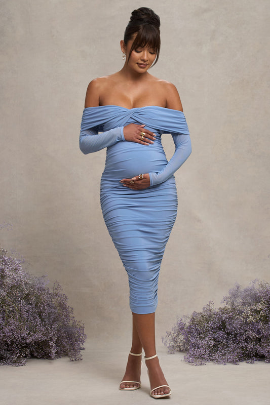 Neva | Powder Blue Bardot Twist Maternity Midi Dress