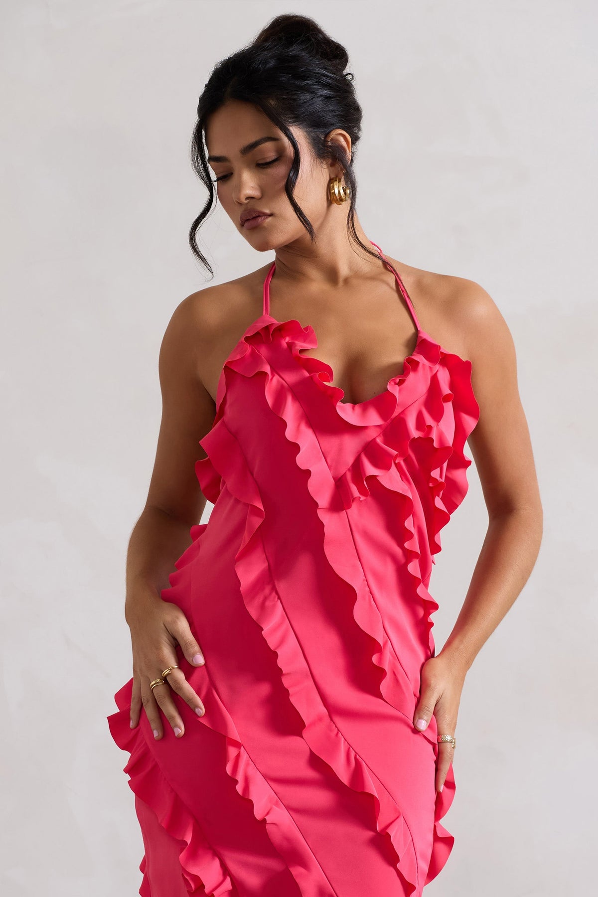 Full On | Hot Pink V-Neck Ruffle Maxi Dress
