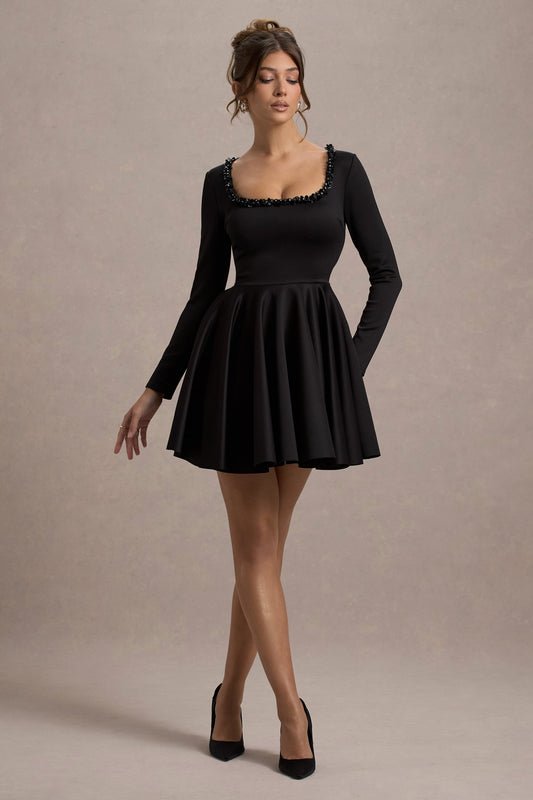 Wilder | Black Embellished Square-Neck Long-Sleeve Skater Mini Dress