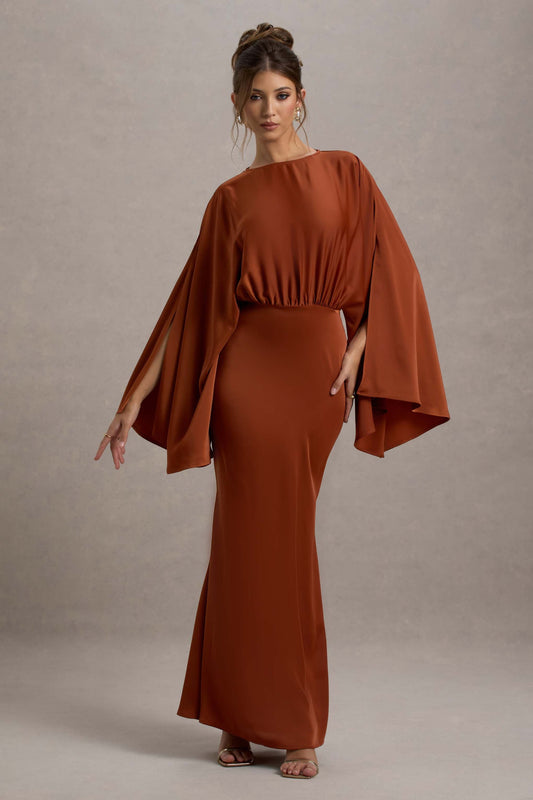 Zuzanna | Rust Draped Maxi Dress With Cape Sleeves
