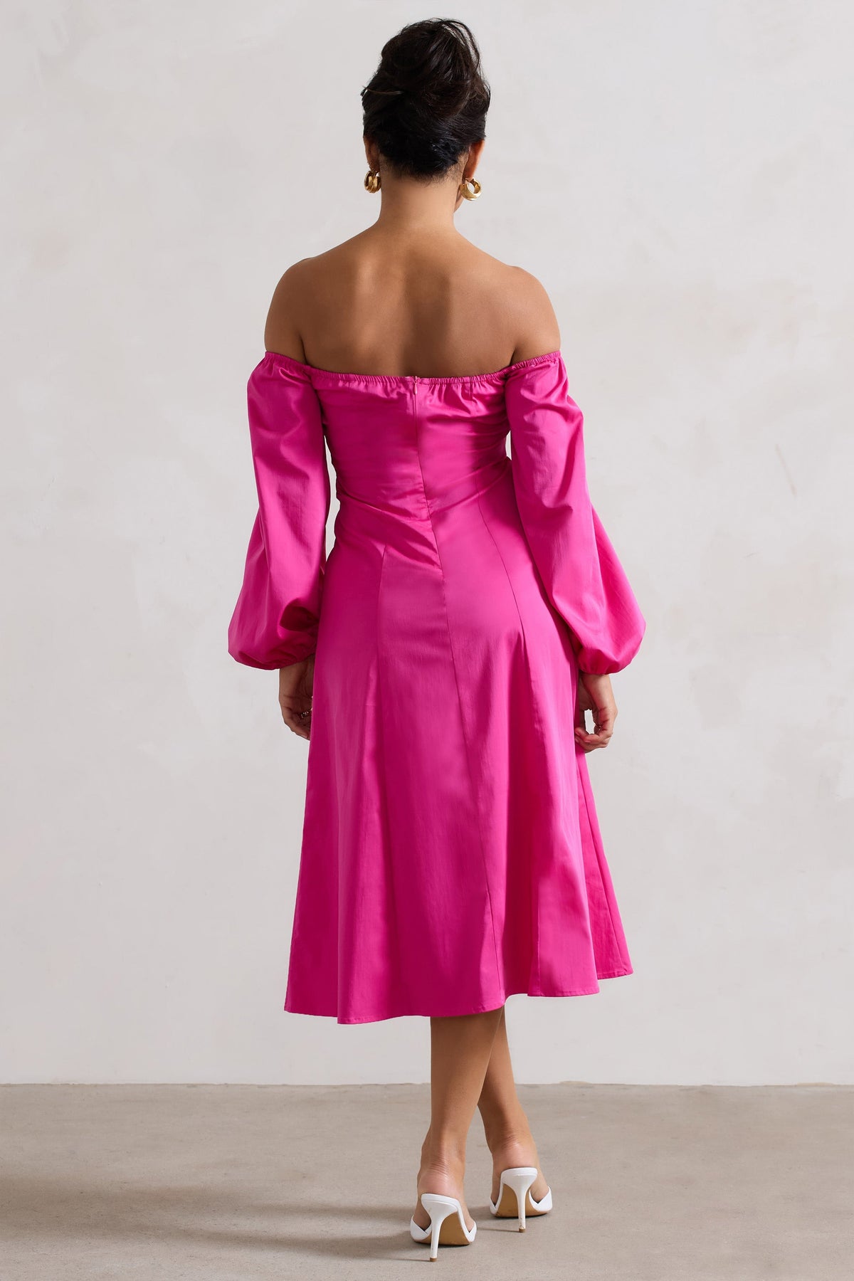 Santino | Hot Pink Twisted Bardot Puff-Sleeve Midi Dress