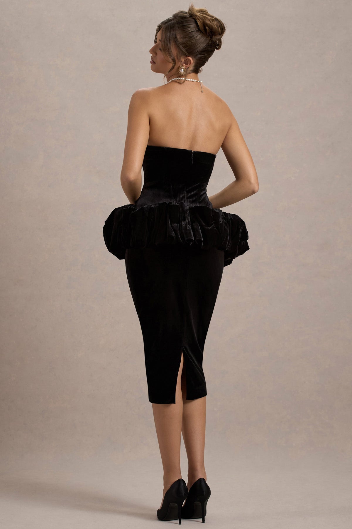 Sarifa | Black Velvet Strapless Corset Midi Dress With Ruffle Peplum