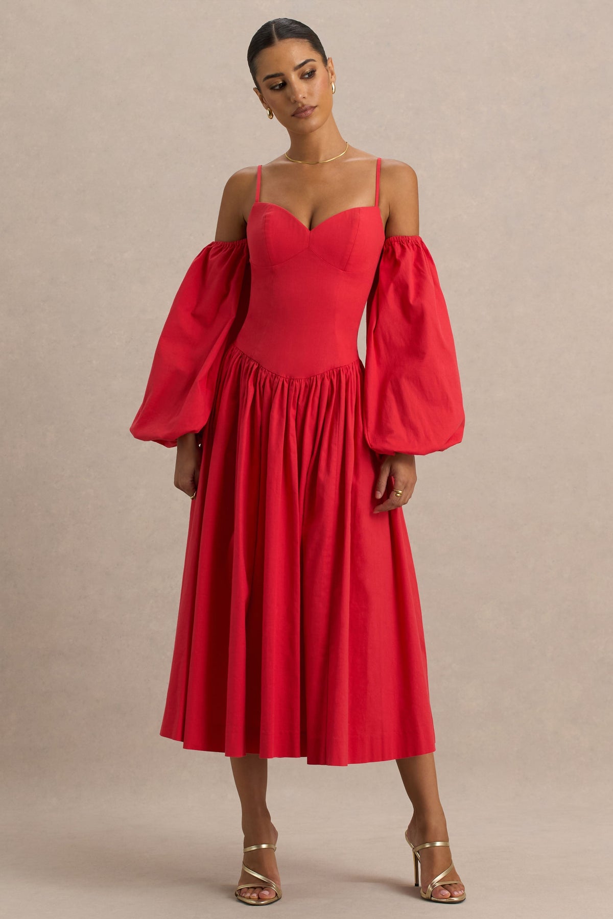 Macie | Red Sweetheart Midi Dress With Balloon Sleeves