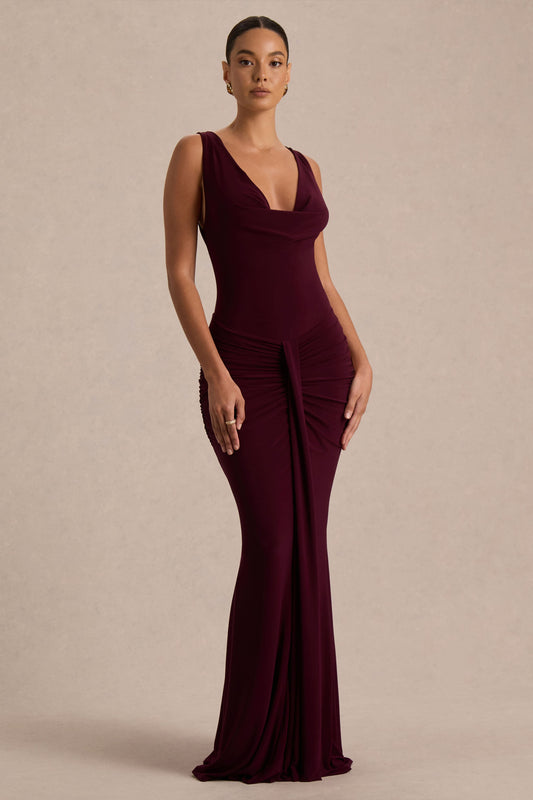 Mallie | Burgundy Cowl-Neck Maxi Dress With Open-Back And Gathered-Detailing