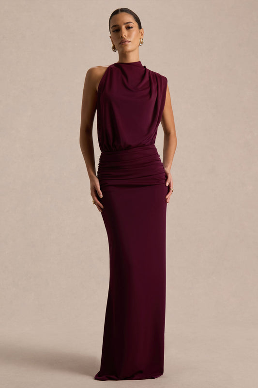 Umaira | Burgundy Ruched High Neck Maxi Dress With Draped Detailing