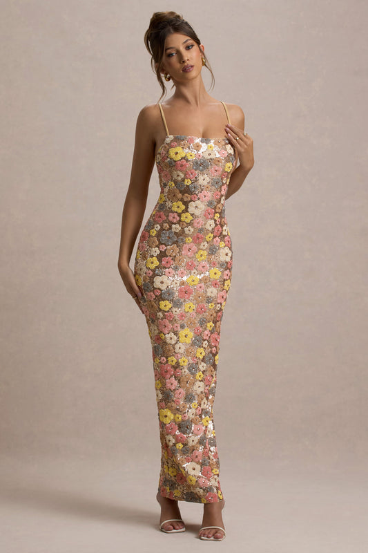 Vitora | Pastel Floral Sequin Bandeau Maxi Dress With Back Split