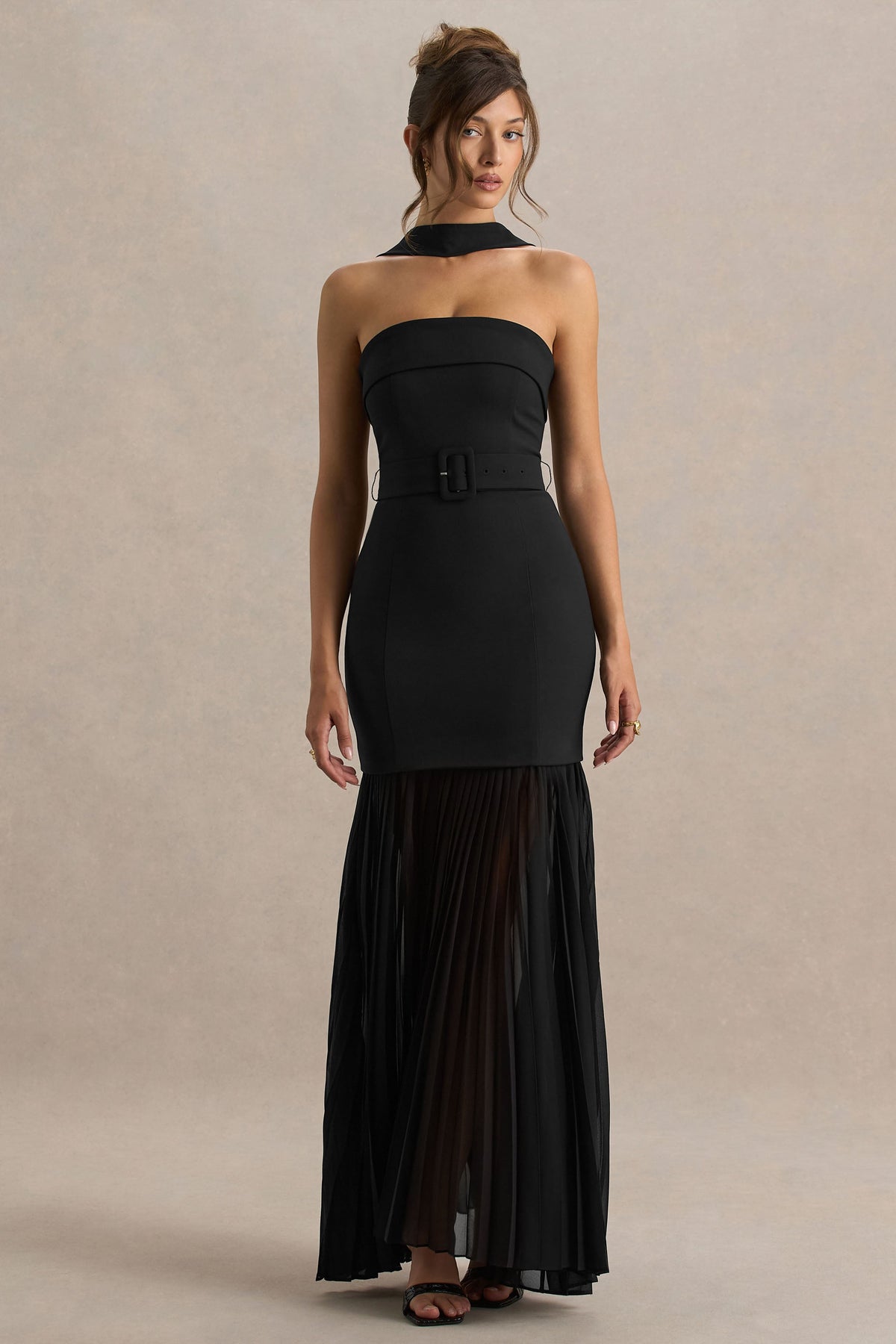 Jaquetta | Black Belted Maxi Dress With Pleated Chiffon Skirt