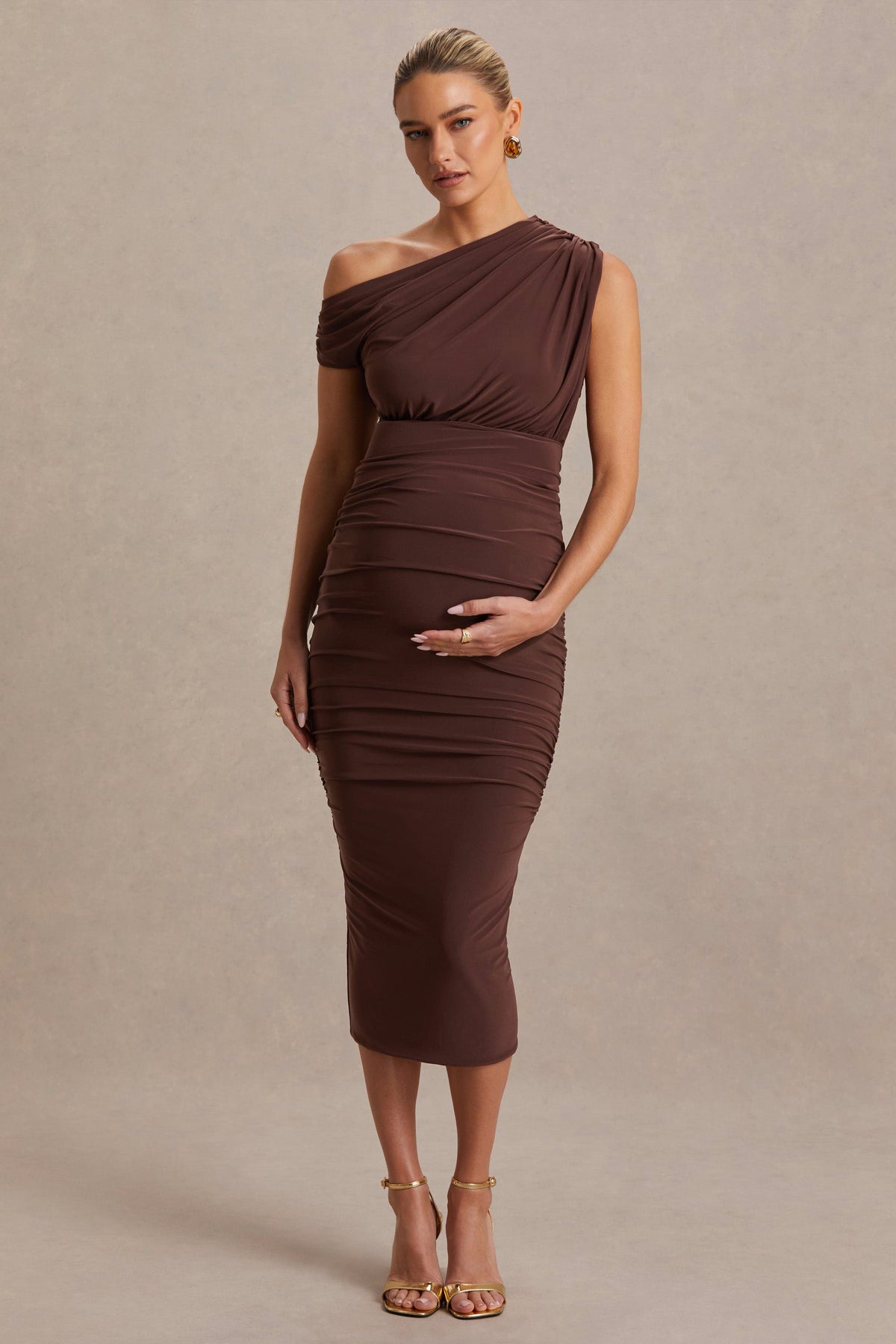 Linnea | Brown Asymmetric-Neck Maternity Midi Dress