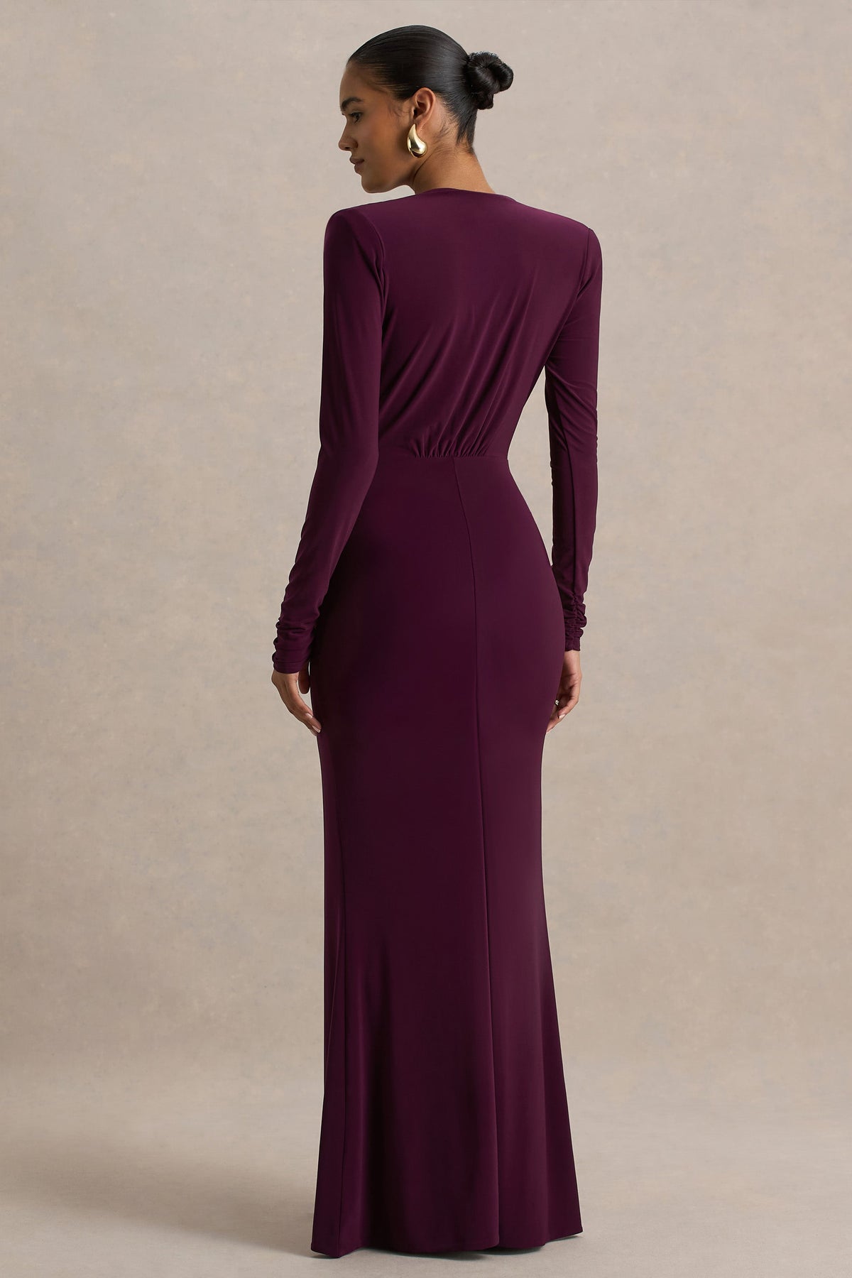 Flashy | Burgundy Plunge-Neck Maxi Dress With Ruched Detailing