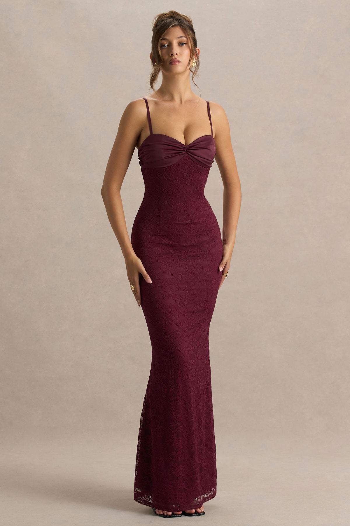 Juana | Burgundy Lace And Satin Sweetheart-Neck Satin Maxi Dress