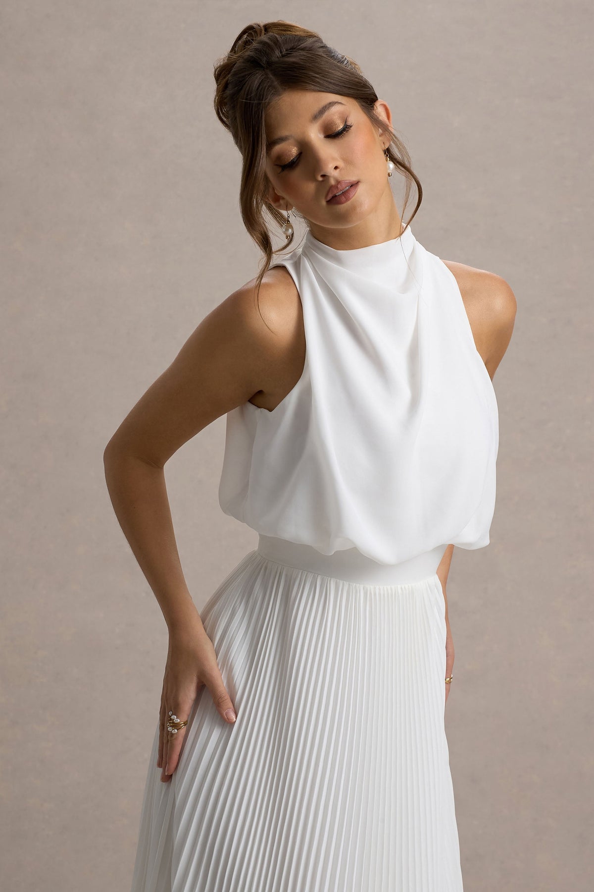 Nila | White Cowl-Neck Midi Dress With Plisse Skirt