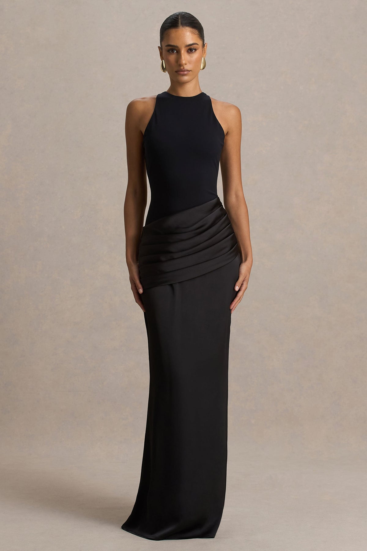 Akari | Black Crew-Neck Maxi Dress With Satin Skirt