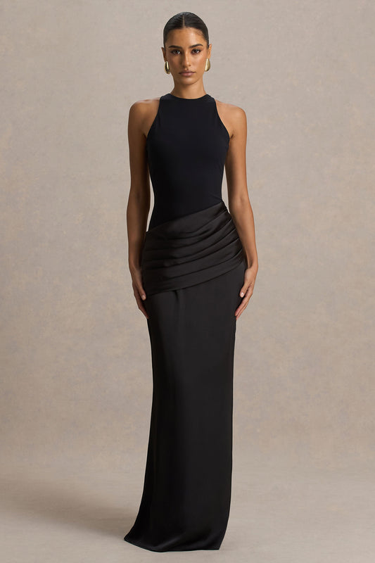 Akari | Black Crew-Neck Maxi Dress With Satin Skirt