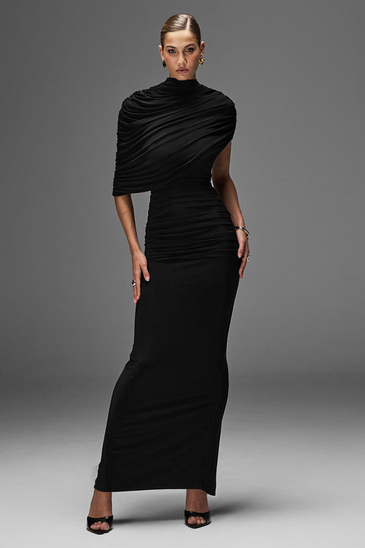 Glitz | Black High-Neck Maxi Dress With Cape Sleeve and Ruched Detail