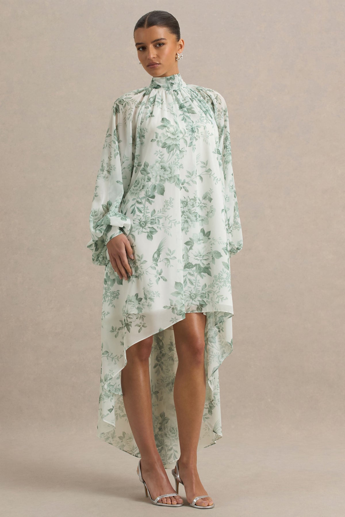Delphia | Green Floral Print High-Neck Maxi Dress