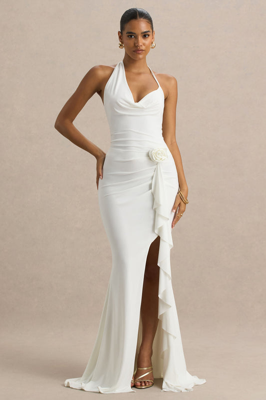 Lucena | White Cowl-Neck Maxi Dress With Corsage Detail And Front High Split