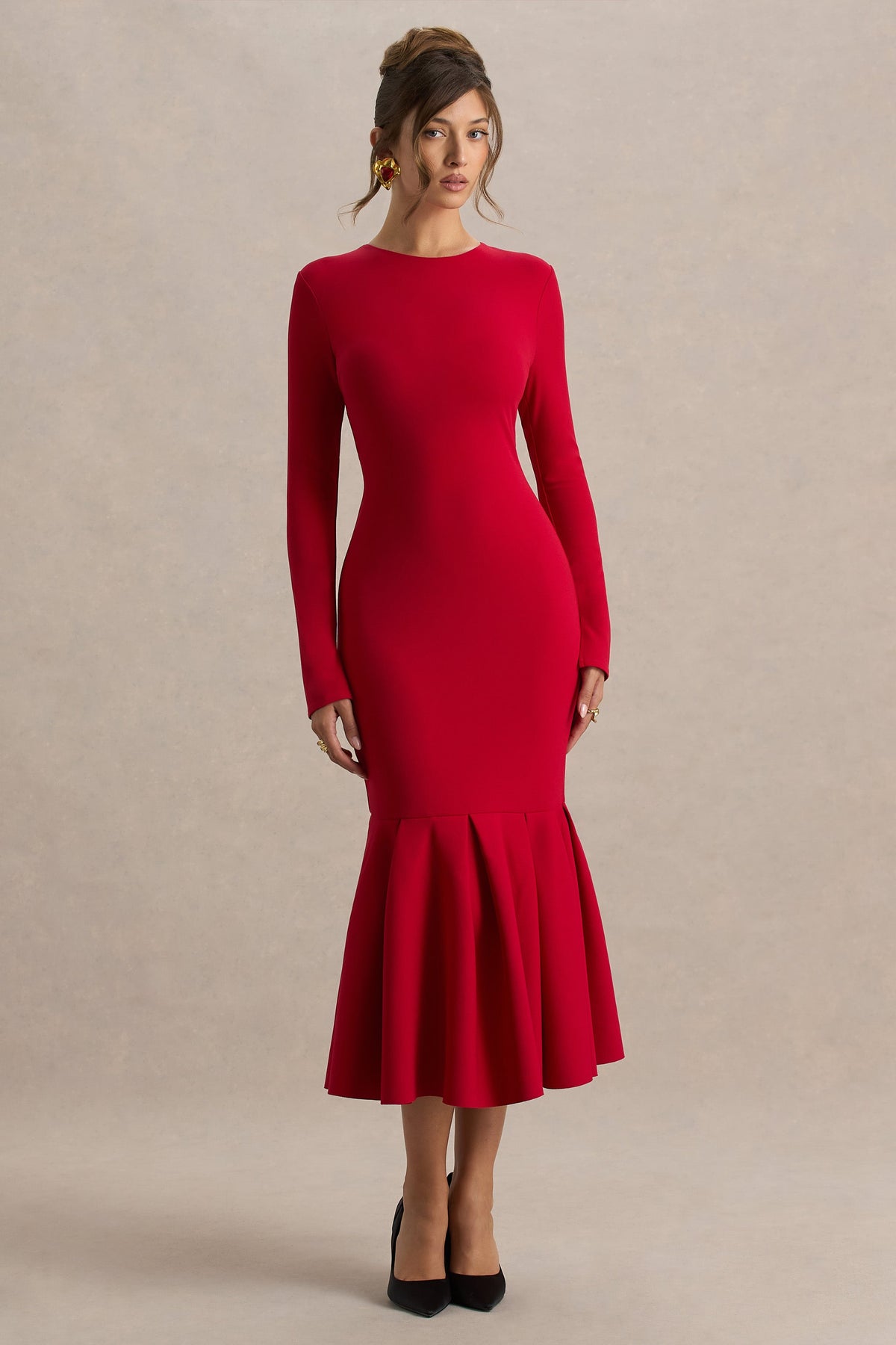 Liberty | Red High Neck Mermaid Midi Dress With Ruffling Detail