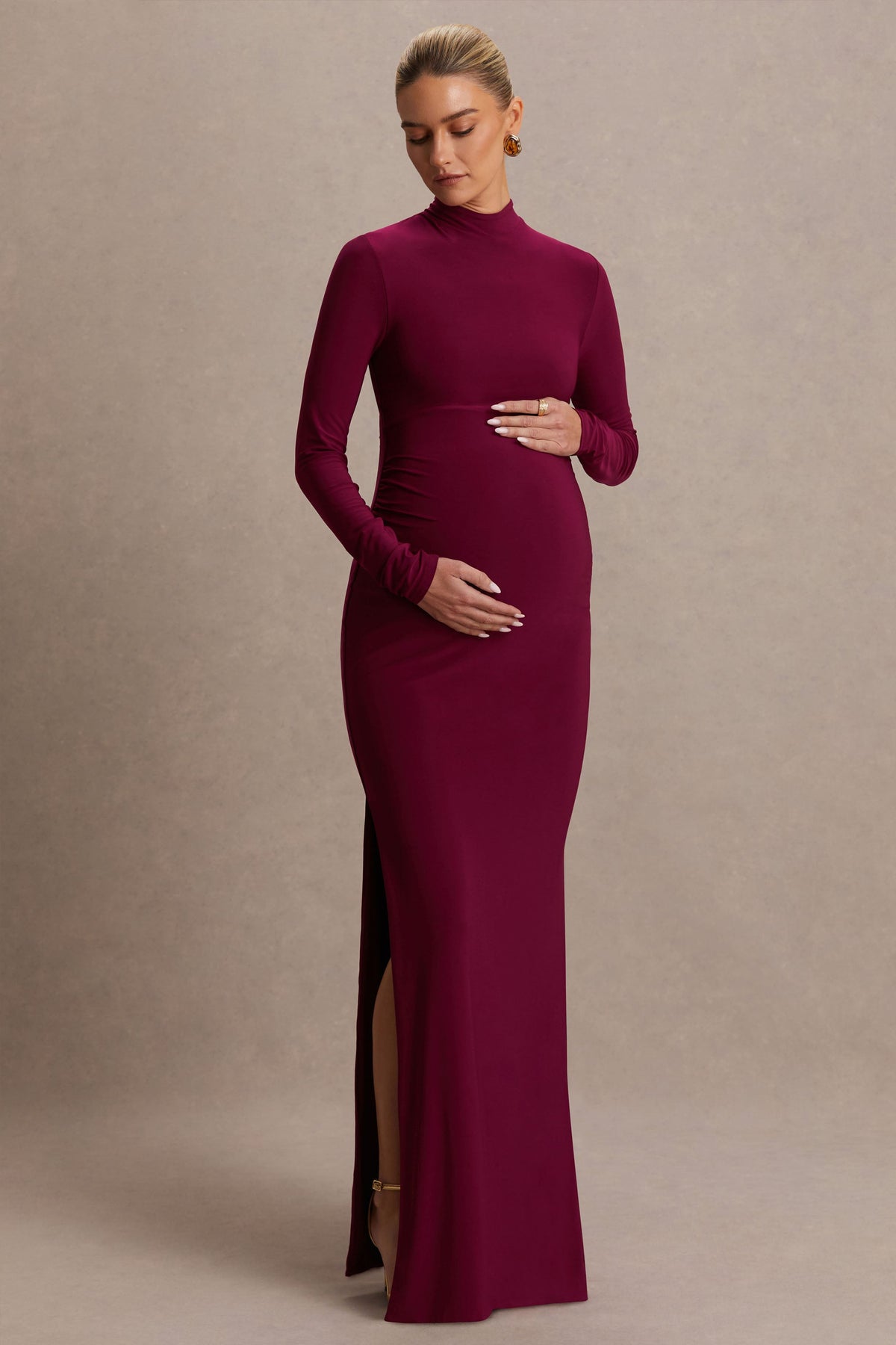 Alejandra | Burgundy Maternity Long Sleeve High Neck Maxi Dress