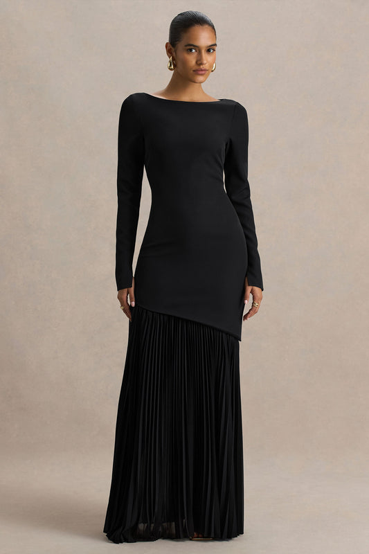 Yanira | Black Crepe And Georgette Boat-Neck Maxi Dress With Drop Waist