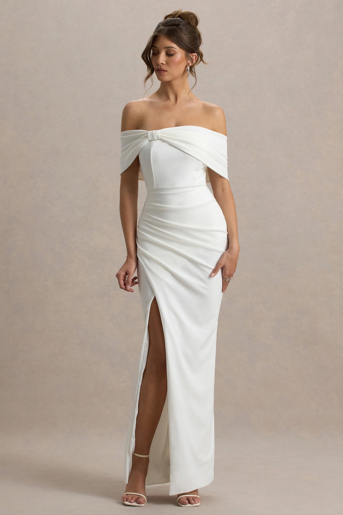 Eva | White Bardot Bow Detail Maxi Dress With Thigh Split