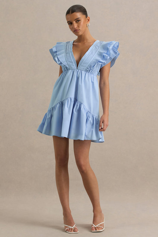 Judie | Blue Poplin V-Neck Ruffled Mini Dress