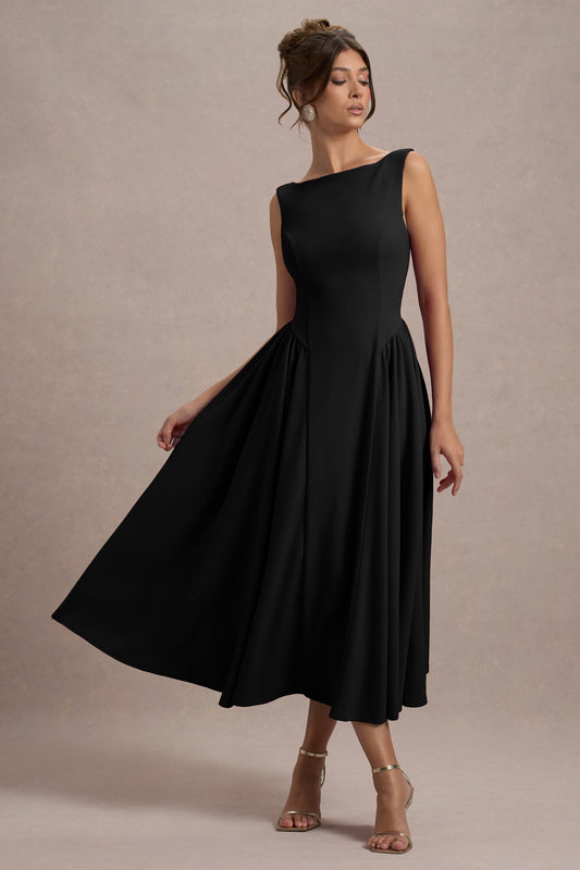 Muriel | Black Boat-Neck Volume-Hem Midi Dress