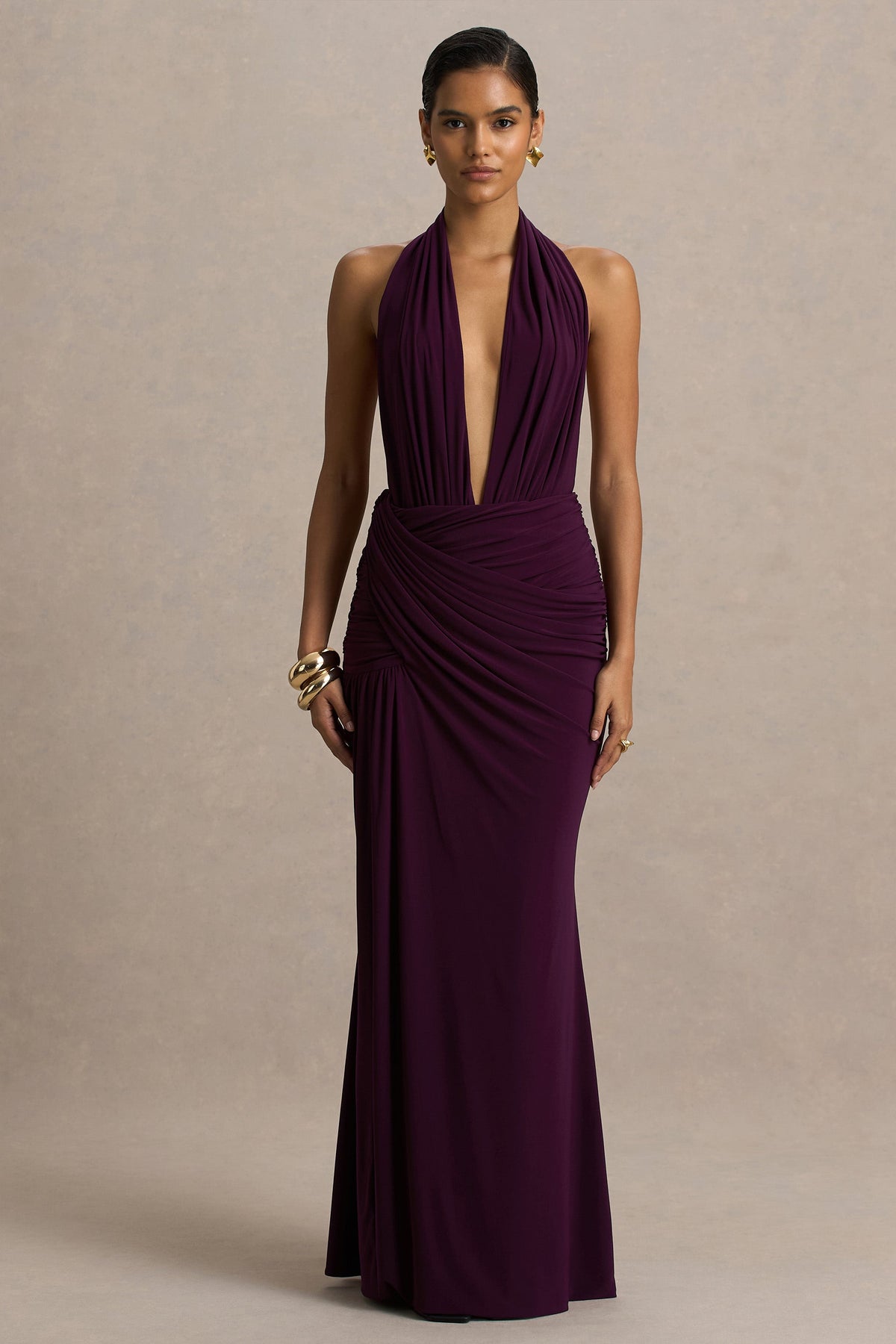 Tilly | Burgundy Jersey Ruched Plunge Wrap Maxi Dress With Open Back And Split