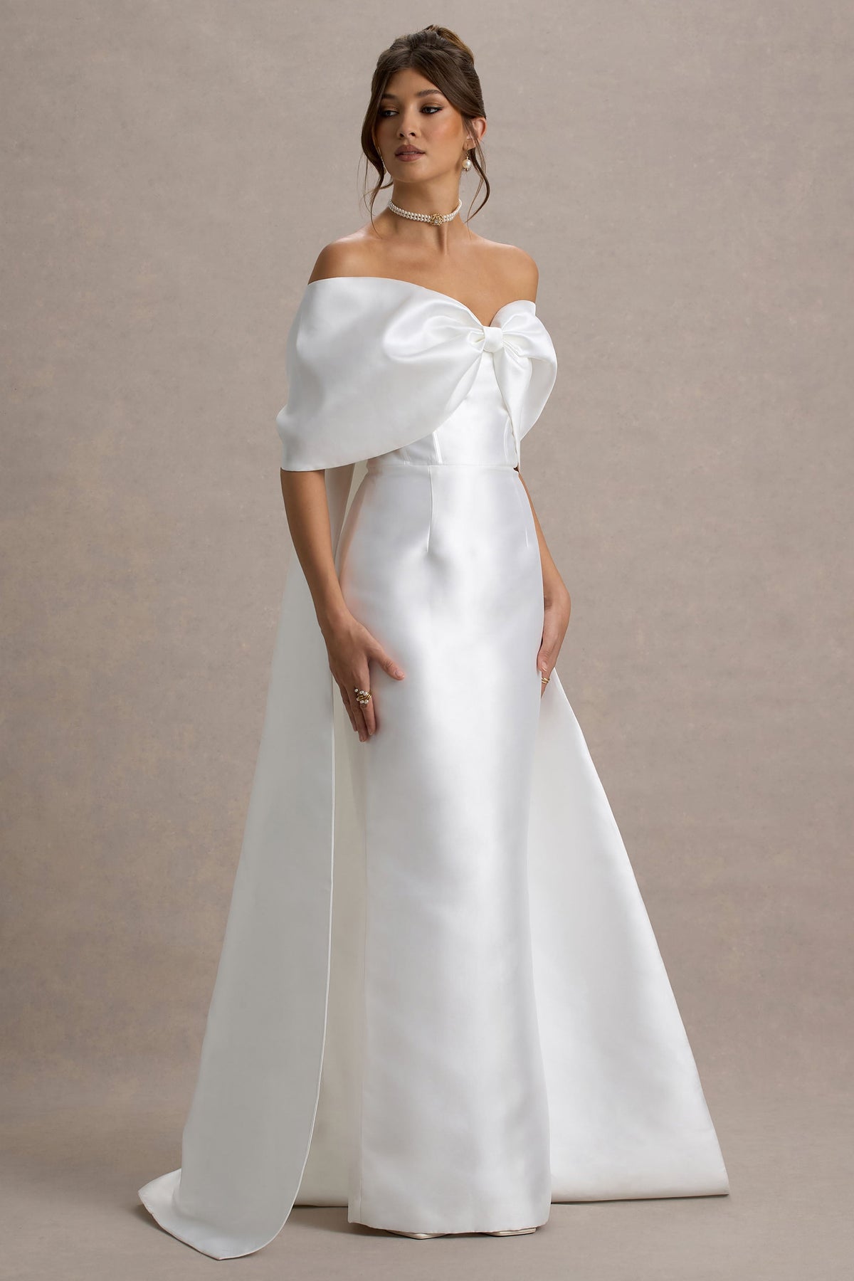 Wanting More | Off White Satin Cape Maxi Dress With Oversized Bow