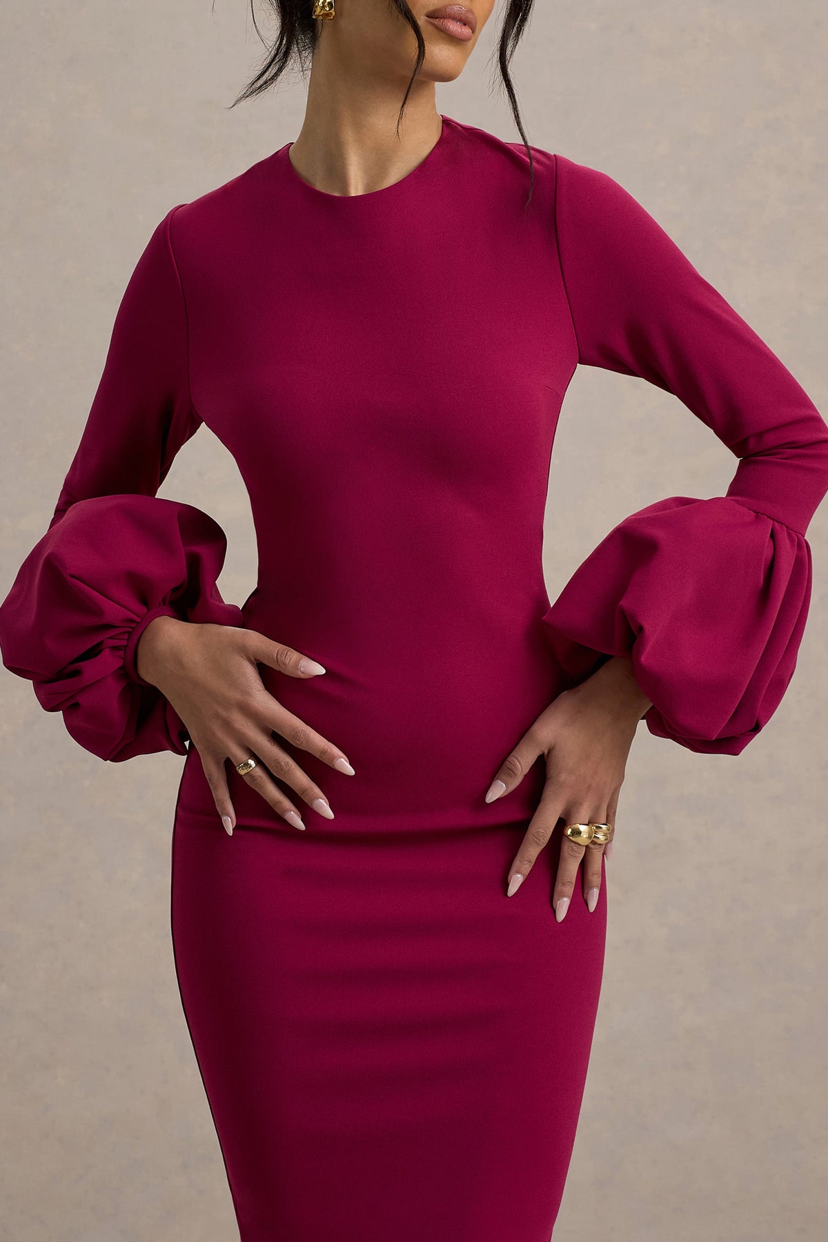 Celie | Mulberry Long-Sleeve Midi Dress With Puff Cuffs