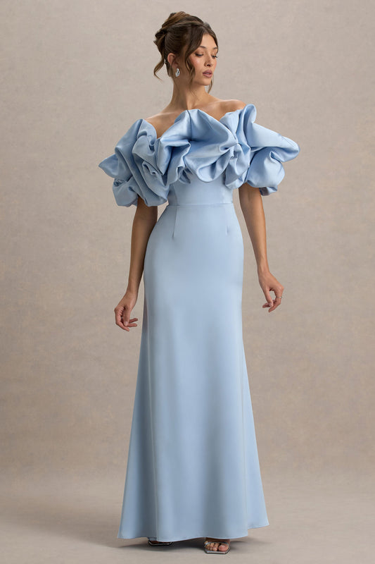 Allie | Powder Blue Puff Bardot Maxi Dress