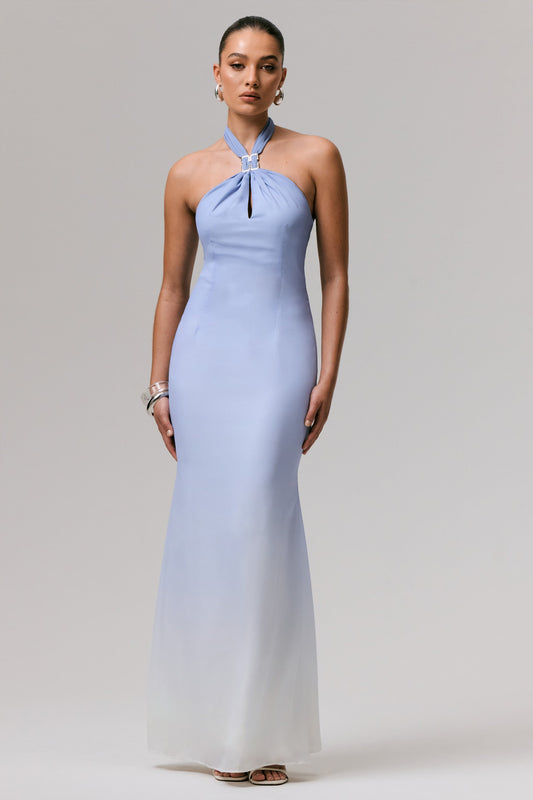 Sharni | Blue Ombre Chiffon Halter-Neck Maxi Dress