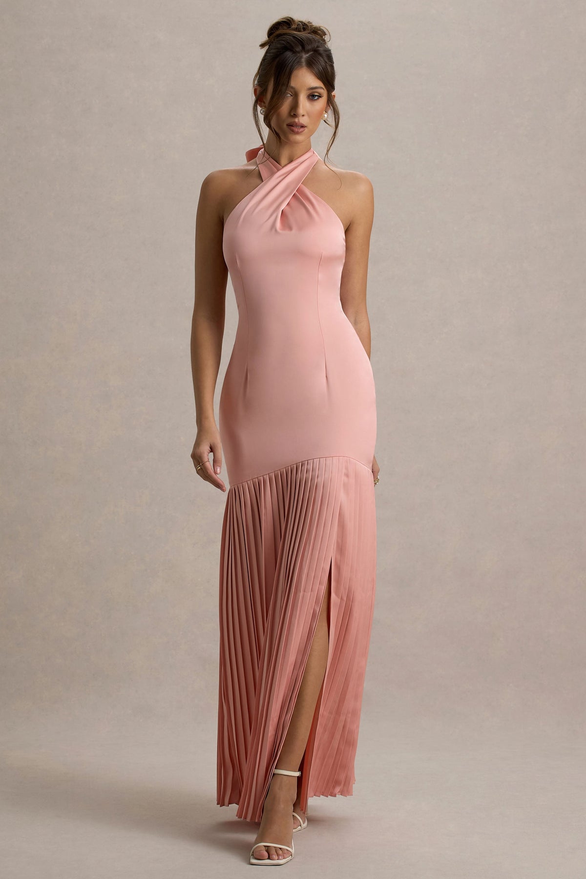 Sansa | Light Pink Satin Cross Halter-Neck Plisse Maxi Dress