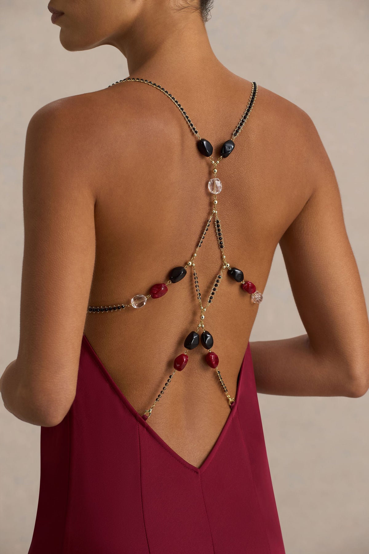 Cher | Burgundy Satin Square-Neck Maxi Dress With Embellished-Detailed Open-Back