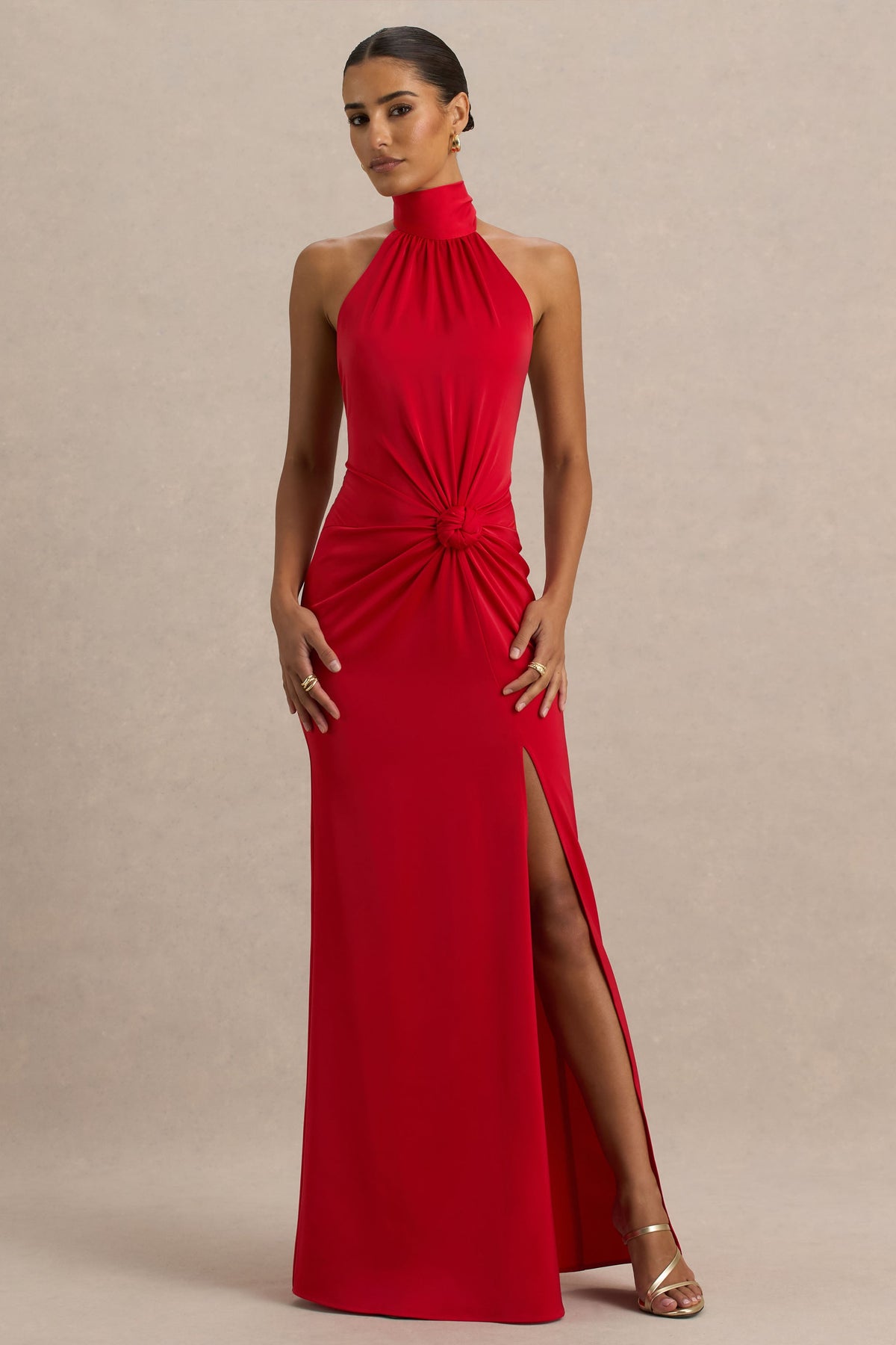 Lenora | Red Halter-Neck Maxi Dress with Ruched Detailing and Split