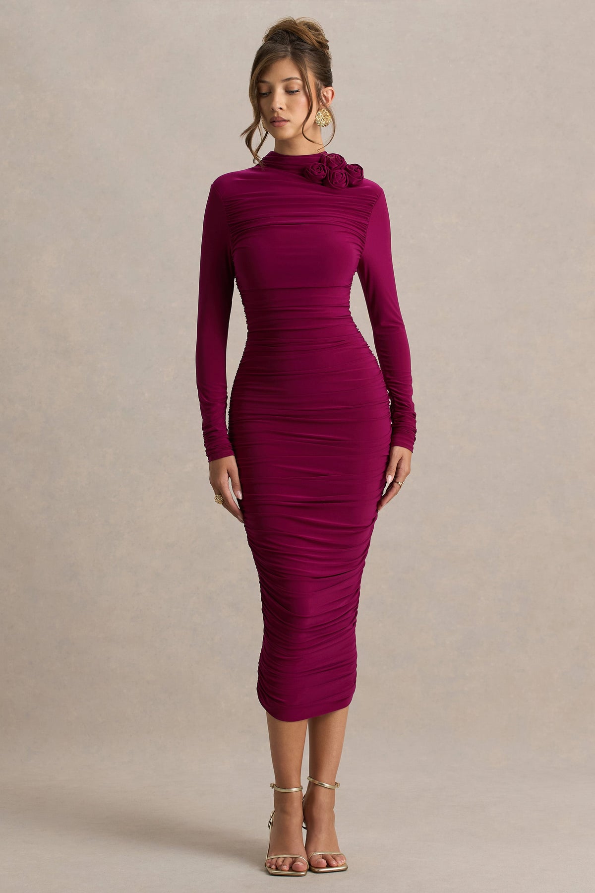 Tamara | Burgundy Long-Sleeve Ruched Midi Dress