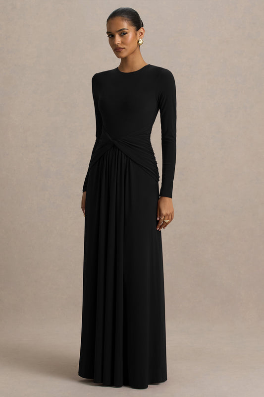 Estrella | Black High-Neck Maxi Dress With Ruched Detailing