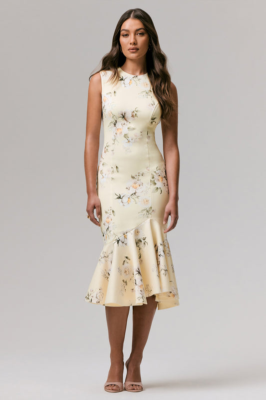 Priceless | Lemon Print Crew-Neck Fishtail Midi Dress