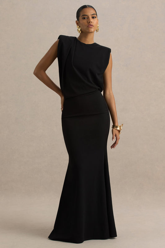 Meave | Black Boat-Neck Maxi Dress With Draped Detail