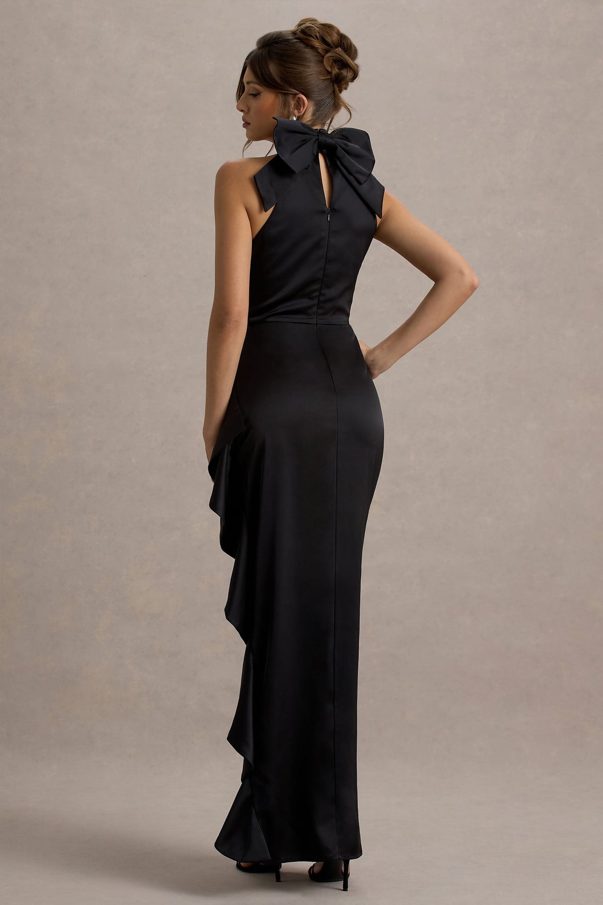 Maureen | Black Satin High-Neck Draped Maxi Dress