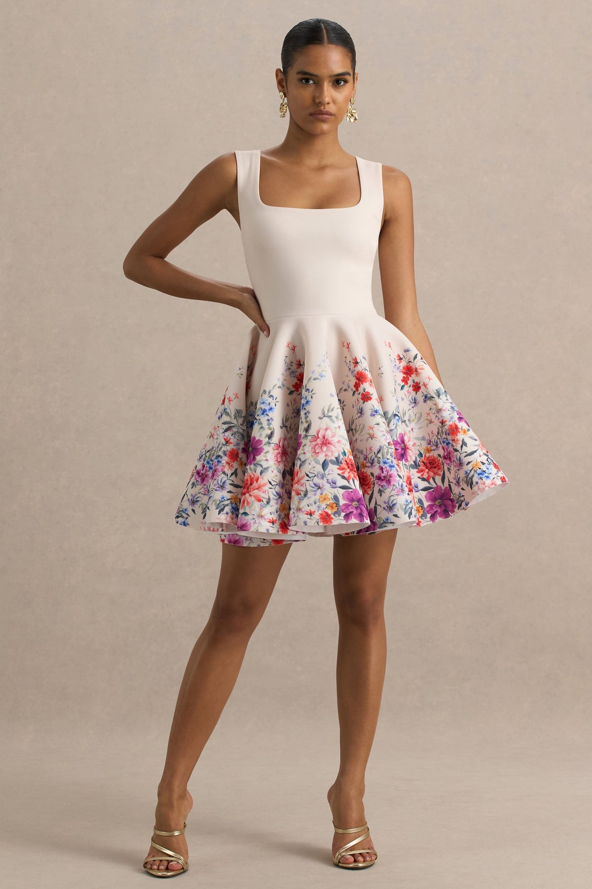 Gemstone | Light Pink Floral Print Square-Neck Skater Mini Dress