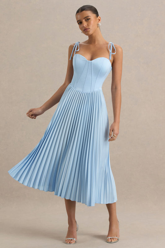Peyton | Powder Blue Satin Sweetheart-Neck Midi Dress With Pleated Details