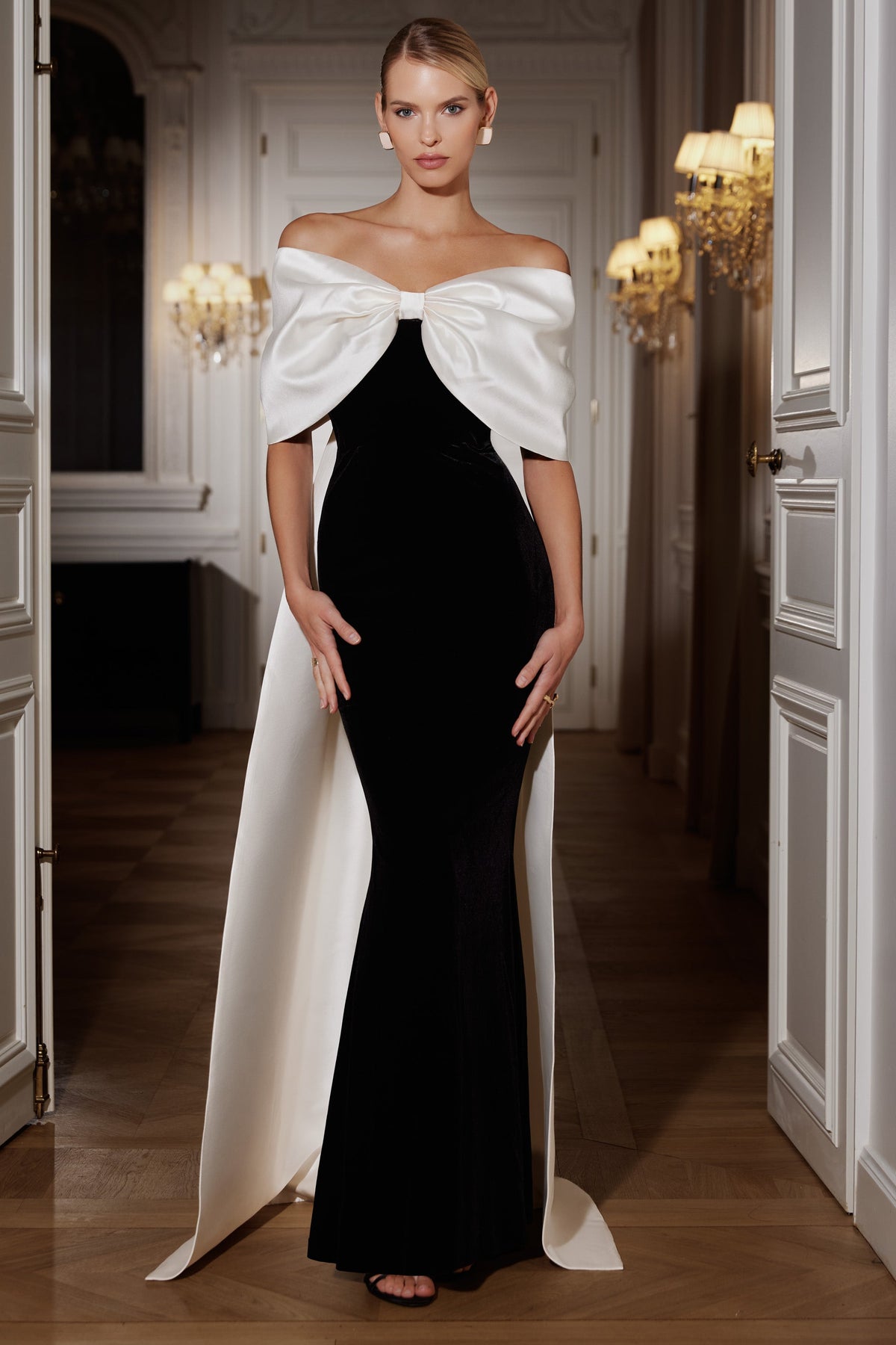 Wanting More | Black & White Satin Cape Maxi Dress With Oversized Bow