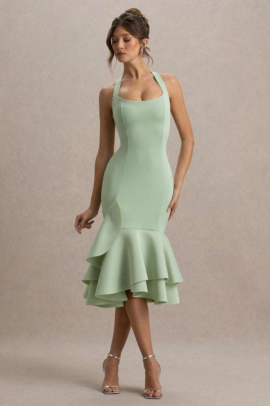 Arla | Light Green Halter Neck Ruffle Trim Midi Dress