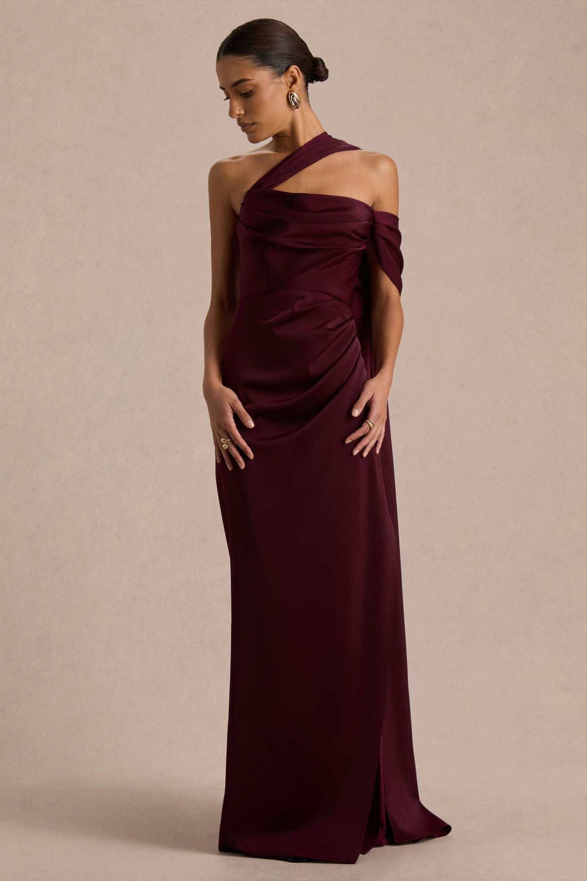 Yazmin | Burgundy Satin Asymmetric Maxi Dress With One-Sleeve Cape
