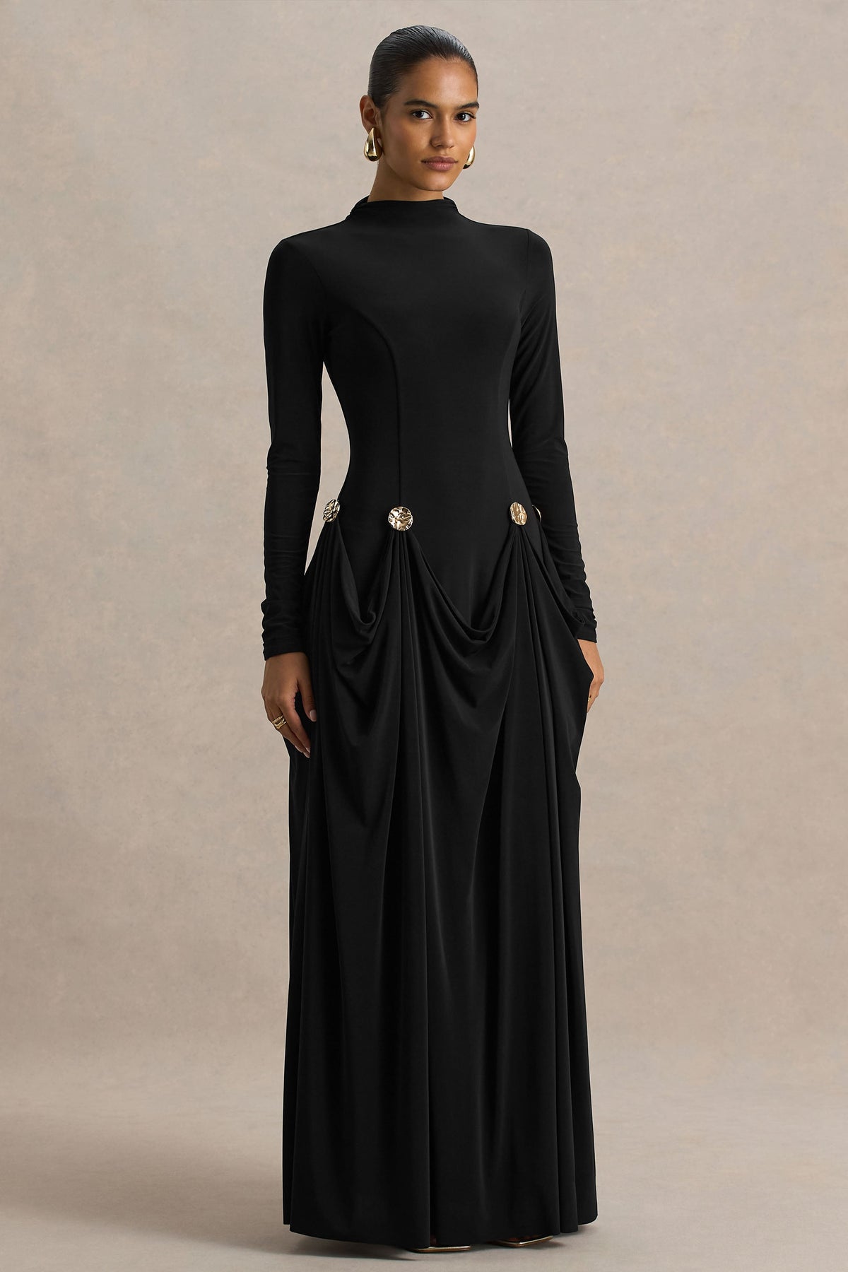 Caprice | Black High-Neck Maxi Dress With Embellished Details