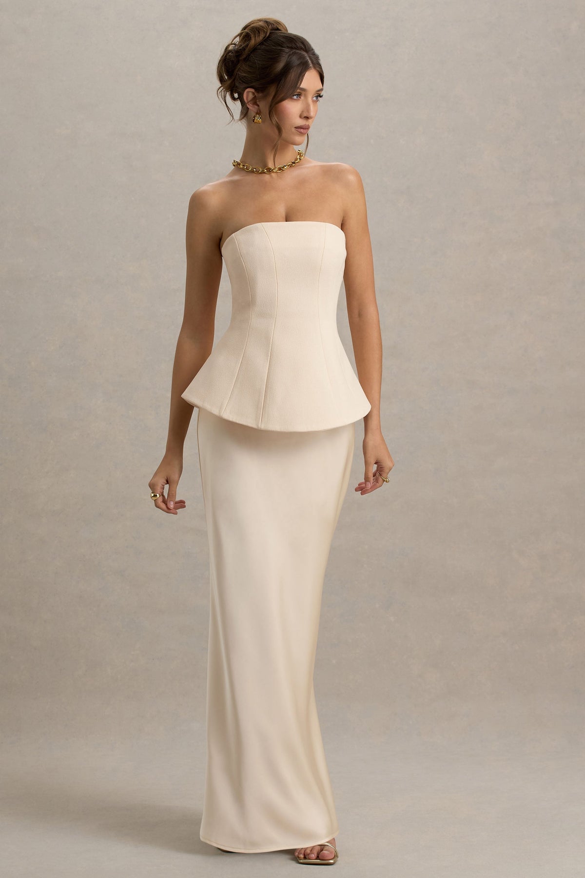 Ohio | Champagne Bandeau Maxi Dress With Satin Skirt And Corset
