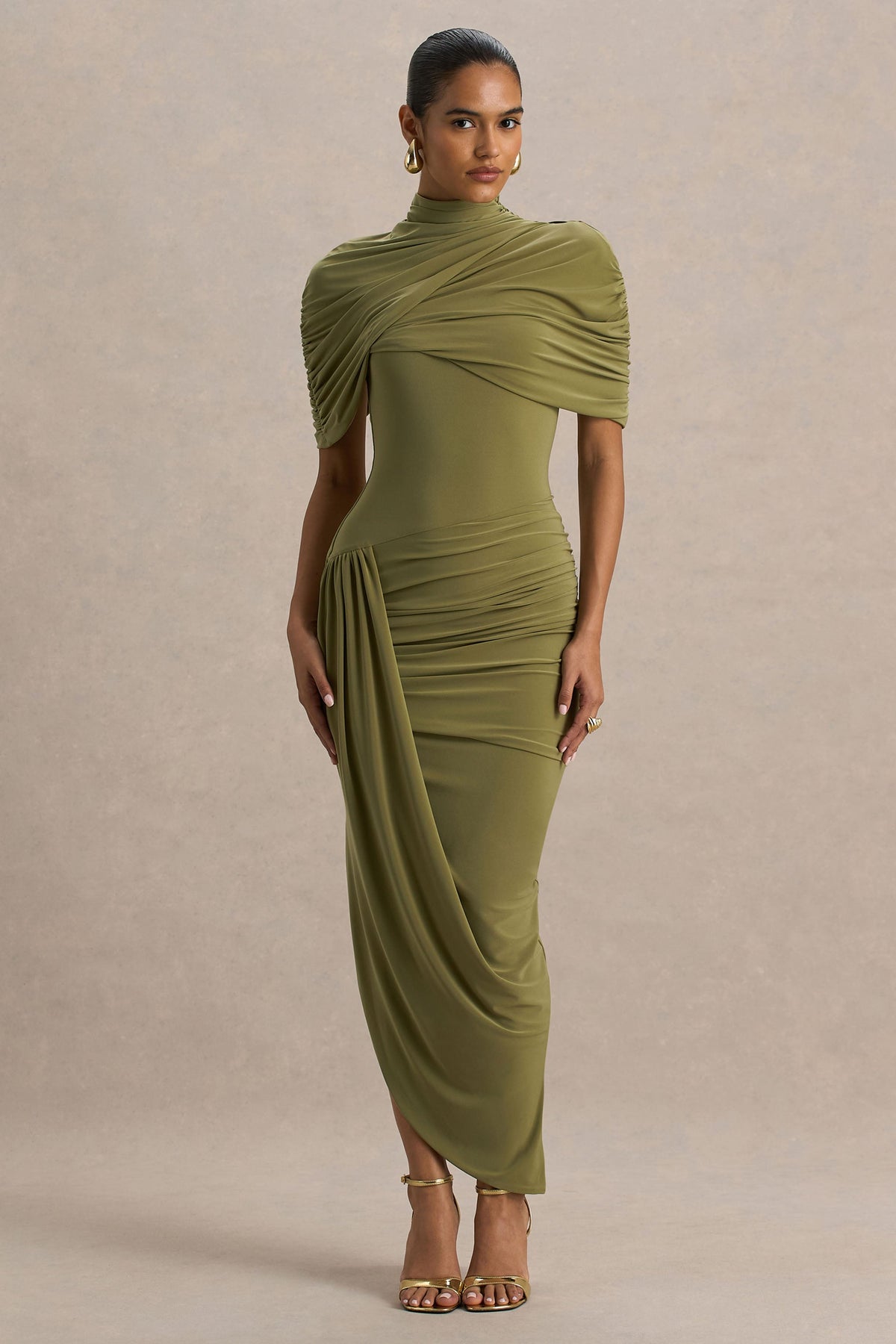 Enchant | Olive Asymmetric Twisted Cape Midi Dress